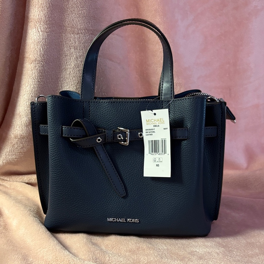 NWT Michael Kors Emilia Dark Blue leather Satchel Bag